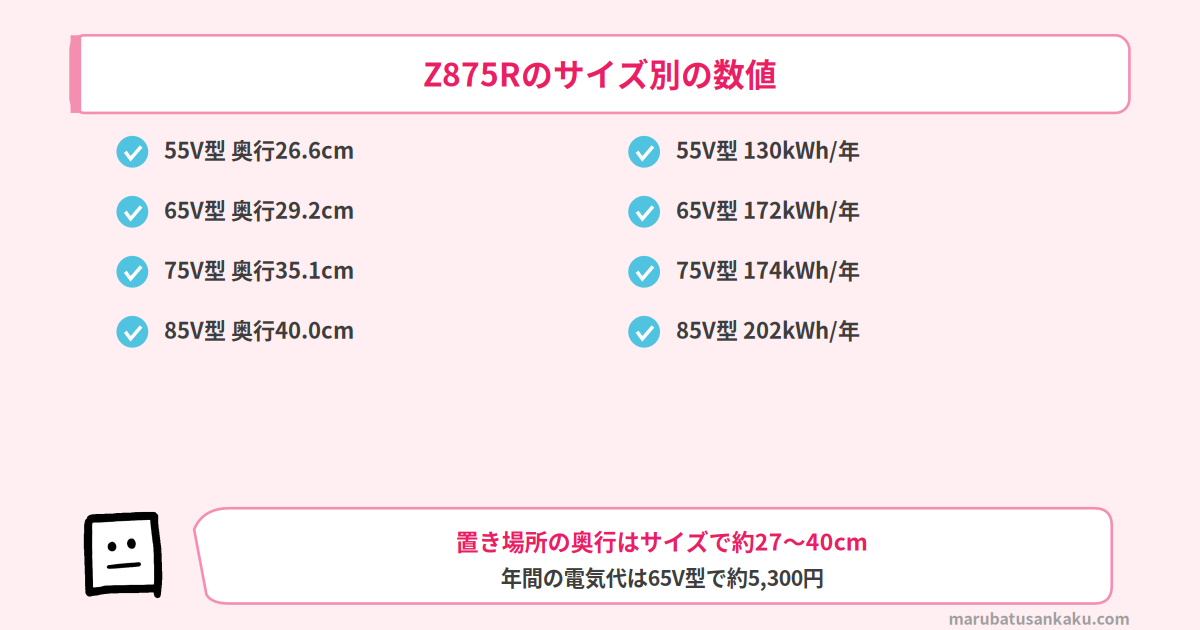 Z875Rのサイズ別の数値