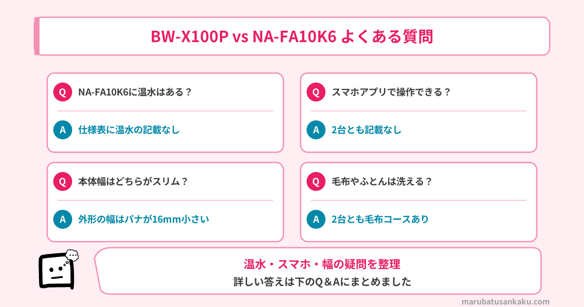 BW-X100PとNA-FA10K6のよくある質問のまとめ（温水・スマホ連携・幅・毛布）