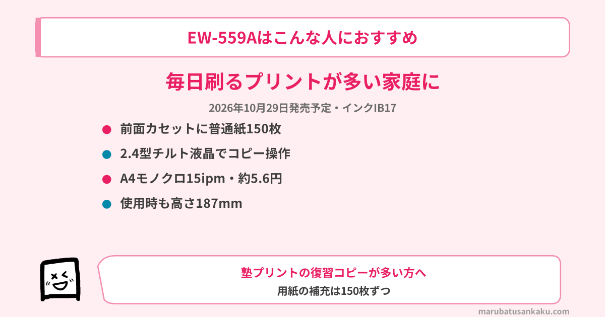 EW-559Aがおすすめな人（前面カセット150枚・2.4型チルト液晶・A4モノクロ約5.6円・使用時の高さ187mm）