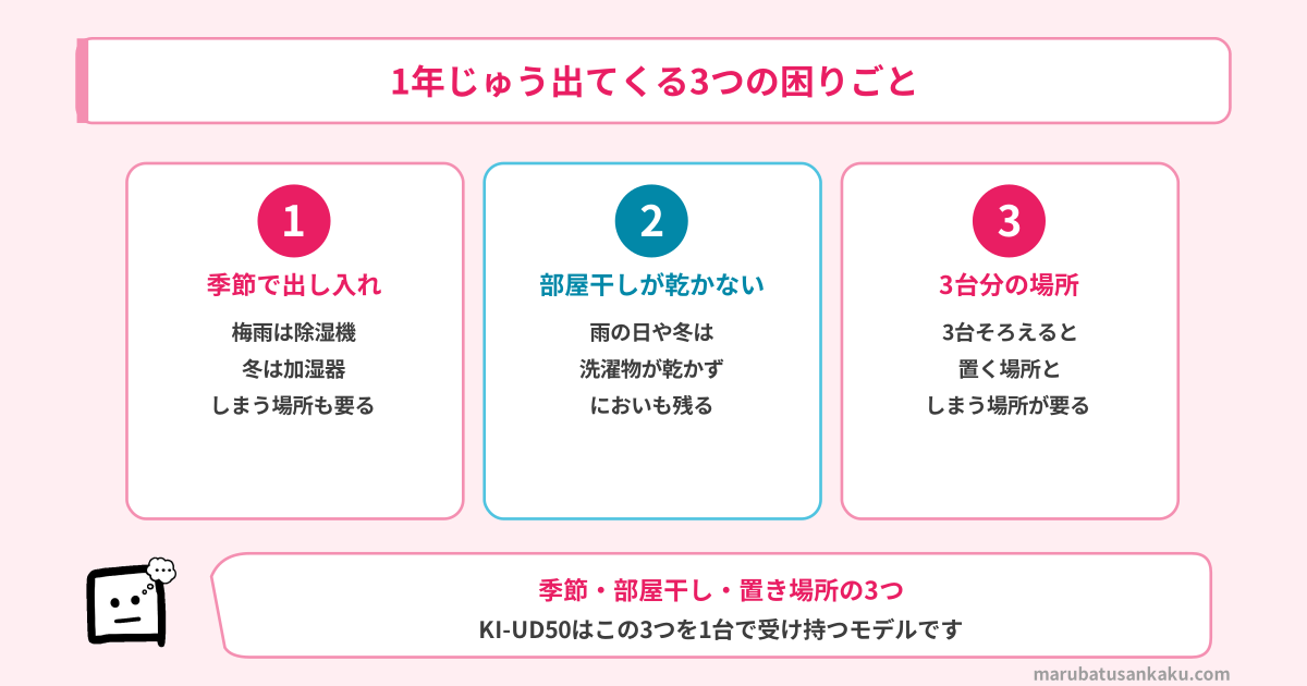1年じゅう出てくる3つの困りごと（季節で出し入れ・部屋干しが乾かない・3台分の場所）