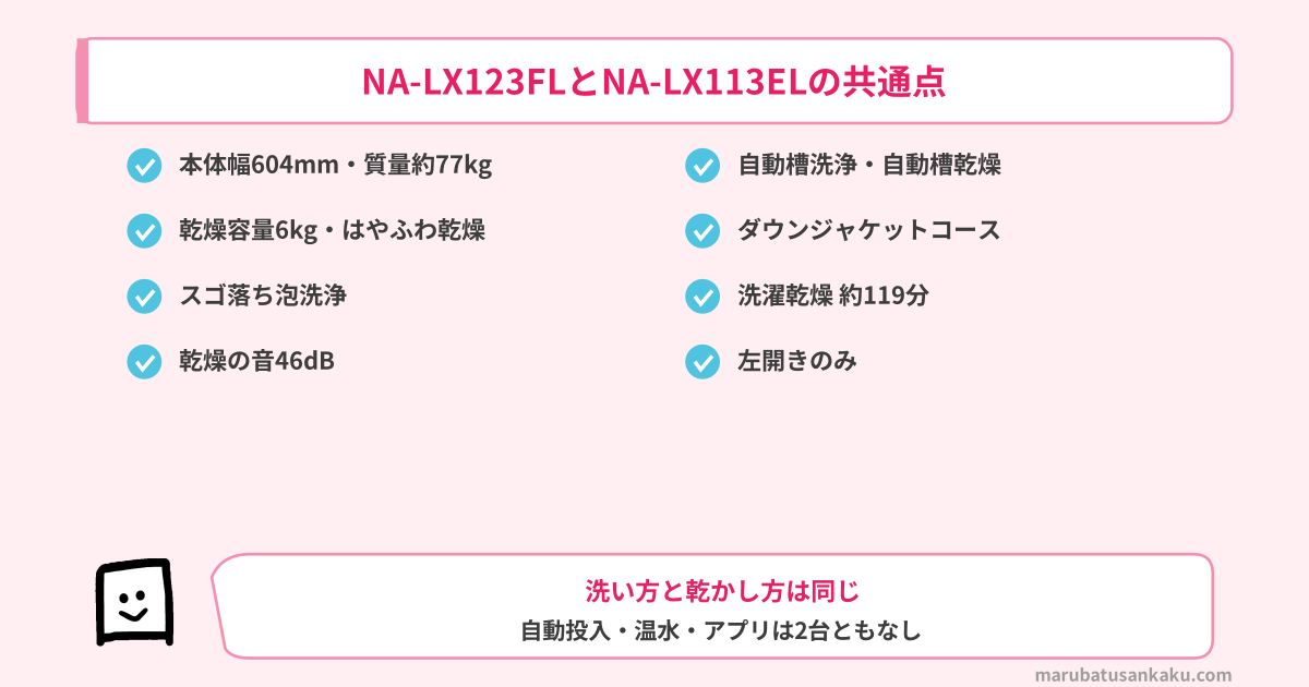 NA-LX123FLとNA-LX113ELの共通点。本体幅604mm・質量約77kg、乾燥容量6kg、スゴ落ち泡洗浄、乾燥の音46dB、自動槽洗浄、ダウンジャケットコース、洗濯乾燥約119分、左開きのみ