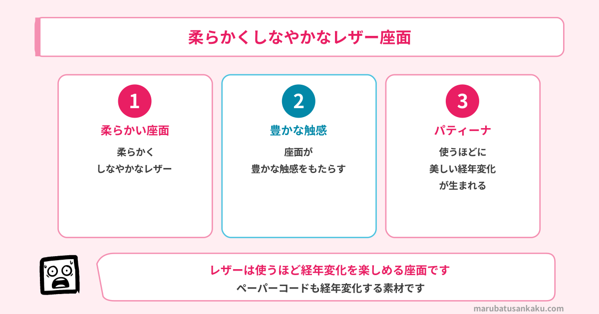 柔らかくしなやかなレザー座面