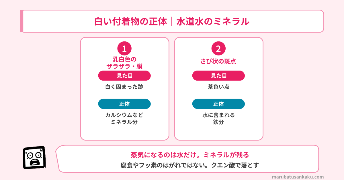 白い付着物の正体｜水道水のミネラル